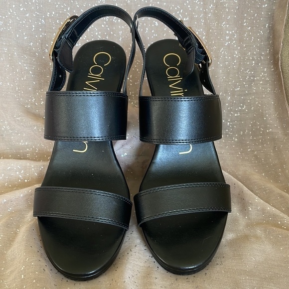 Brand New Calvin Klein Platform Black & Gold Tone Ankle Strap Buckle Sandals - Picture 2 of 13